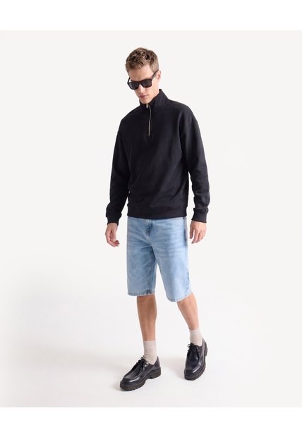 Buzo Relaxed Halfzipper Texturizado  Para Hombre Negro Seven Seven