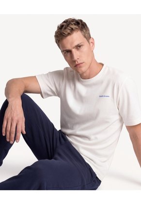 Camiseta Texturizada Con Doble Estampado  Para Hombre Crema Seven Seven