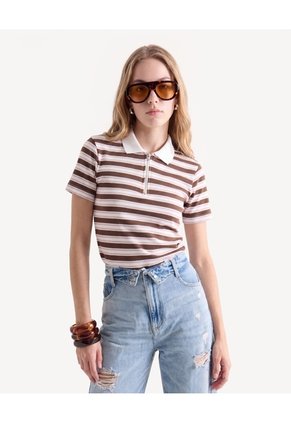 Camiseta Polo Half Zipper Recogida Para Mujer Café Seven Seven
