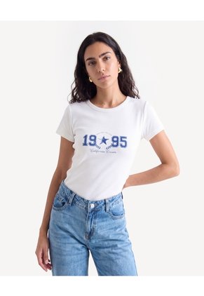 Camiseta Ajustada Rib Con Estampado Para Mujer Crudo Seven Seven