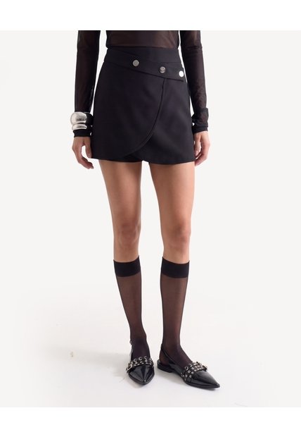 Falda Corta Tapa Cruzada Con Broches  Para Mujer Negro Seven Seven