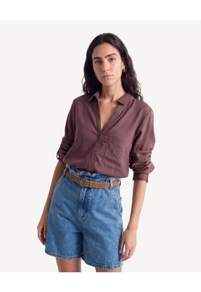 Blusa Rústica Manga Ajustable  Para Mujer Café Seven Seven