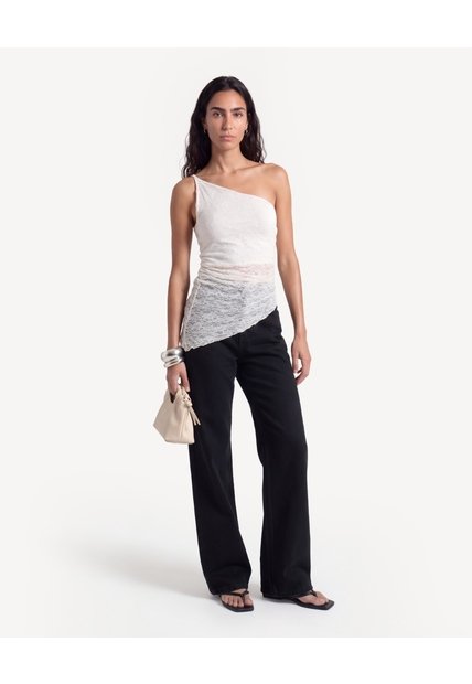 Camiseta One Shoulder Encaje  Para Mujer Marfil Seven Seven