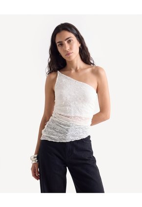 Camiseta One Shoulder Encaje  Para Mujer Marfil Seven Seven