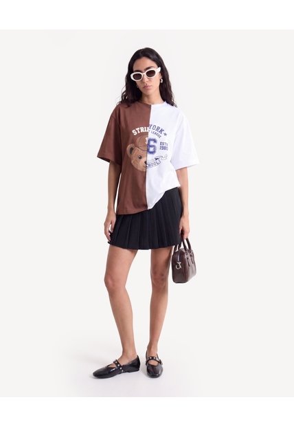 Camiseta Oversize Con Bordado De Oso  Para Mujer Café Seven Seven