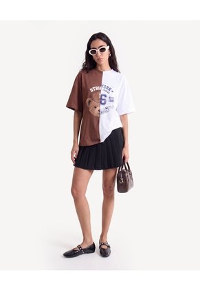 Camiseta Oversize Con Bordado De Oso Para Mujer Café Seven Seven