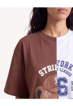 Camiseta Oversize Con Bordado De Oso Para Mujer Café Seven Seven
