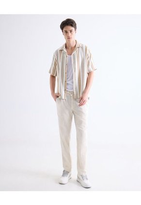 Camisa Oversize Resort A Rayas  Para Hombre Beige Seven Seven
