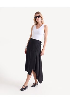 Falda Midi Cruzada Con Lazo  Para Mujer Negro Seven Seven