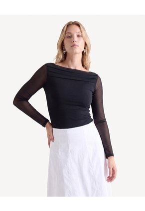 Camiseta Mesh Escote Bandeja  Para Mujer Negro Seven Seven
