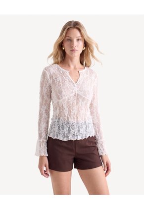 Camiseta Encaje Manga Campana  Para Mujer Crudo Seven Seven
