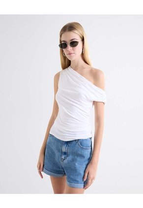 Camiseta Asimétrica Recogidos Delanteros Para Mujer Blanco Seven Seven