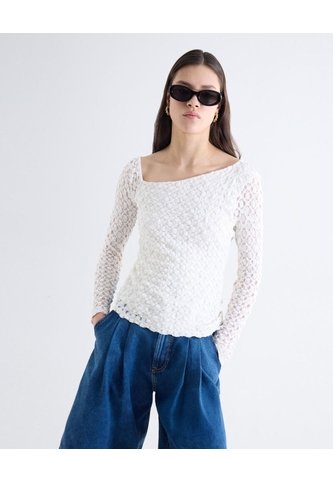 Top Guipur Manga Larga Escote Cuadrado  Para Mujer Blanco Seven Seven Seven Seven