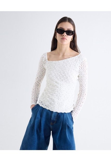 Top Guipur Manga Larga Escote Cuadrado  Para Mujer Blanco Seven Seven