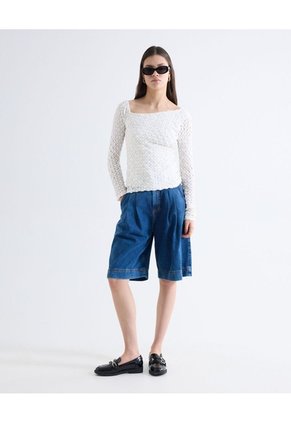 Top Guipur Manga Larga Escote Cuadrado  Para Mujer Blanco Seven Seven