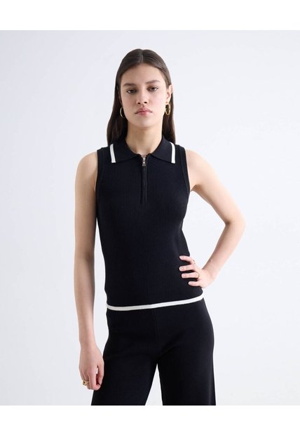 Top Polo Sin Mangas Cremallera Bicolor  Para Mujer Negro Seven Seven