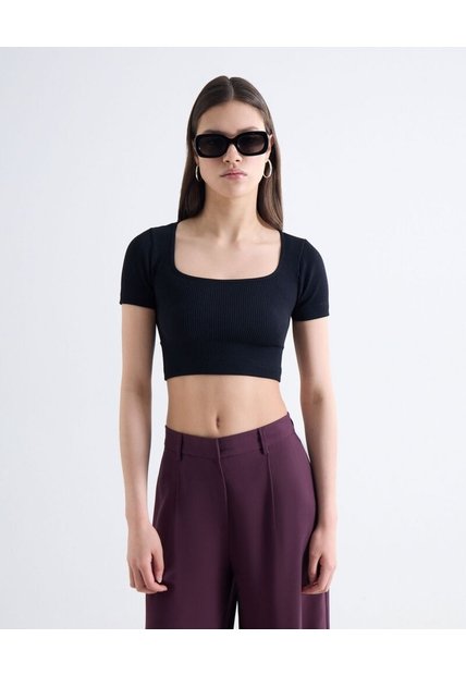 Top Tejido Escote Cuadrado Manga Corta  Para Mujer Negro Seven Seven