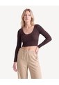 Top Cropped Acanalado Escote V Manga Larga  Para Mujer Café Seven Seven de Seven Seven