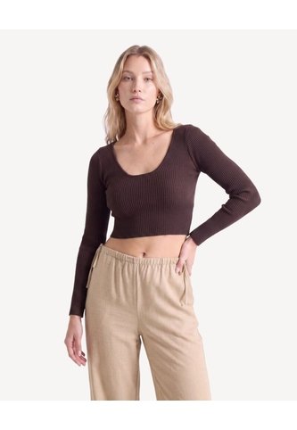 Top Cropped Acanalado Escote V Manga Larga  Para Mujer Café Seven Seven Seven Seven