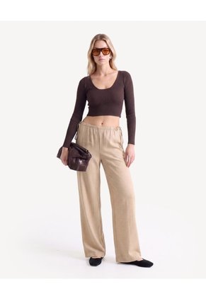 Top Cropped Acanalado Escote V Manga Larga  Para Mujer Café Seven Seven
