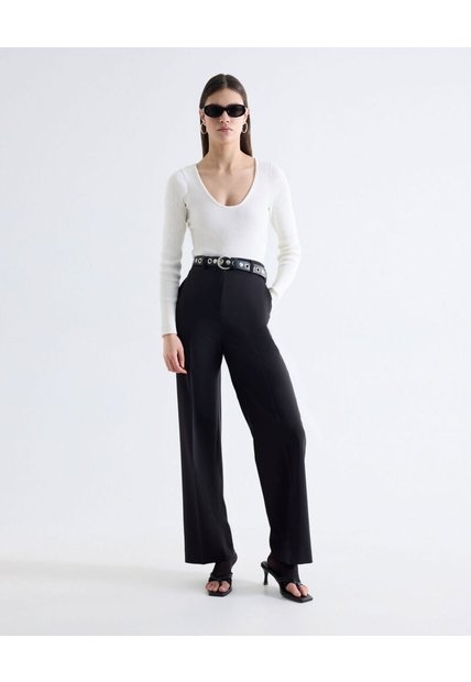 Pantalón Recto Pinza Frontal Tiro Alto  Para Mujer Negro Seven Seven
