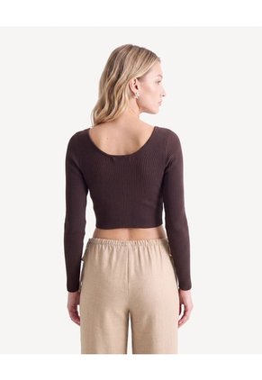 Top Cropped Acanalado Escote V Manga Larga  Para Mujer Café Seven Seven