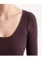 Top Cropped Acanalado Escote V Manga Larga  Para Mujer Café Seven Seven de Seven Seven