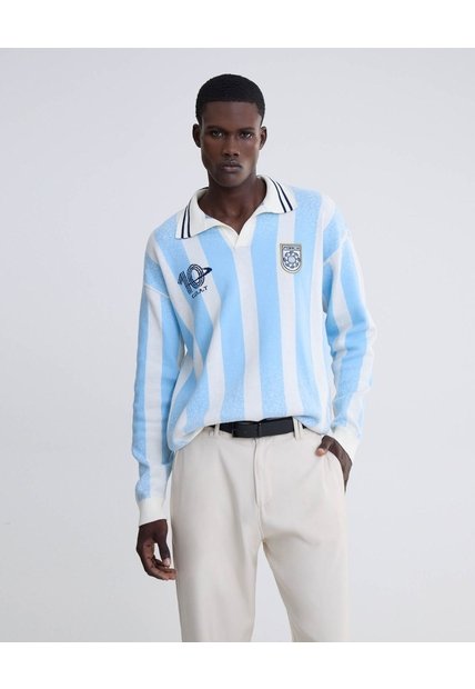 Polo Manga Larga Con Franjas Y Estampados  Unisex Azul Seven Seven