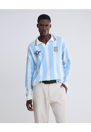 Polo Manga Larga Con Franjas Y Estampados Unisex Azul Seven Seven