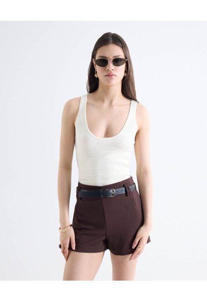 Top Sin Mangas Tejido Bandas Escote Profundo  Para Mujer Marfil Seven Seven