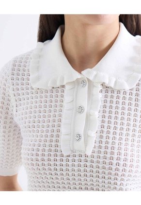 Top Calado Volante Botones Joya Manga Corta  Para Mujer Marfil Seven Seven