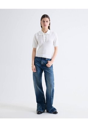 Top Calado Volante Botones Joya Manga Corta  Para Mujer Marfil Seven Seven