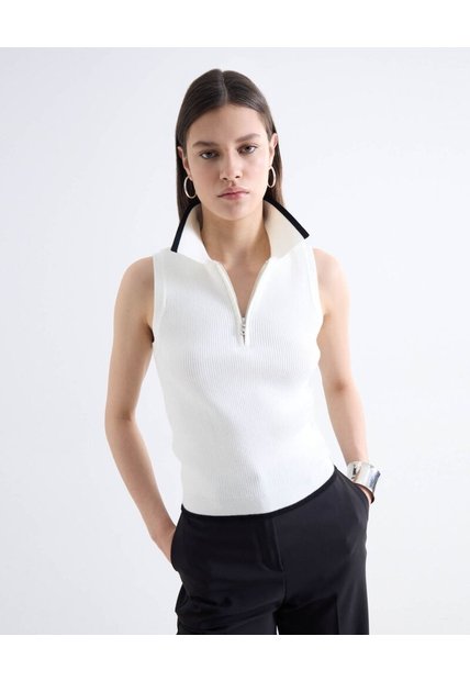 Top Polo Sin Mangas Cremallera Bicolor  Para Mujer Marfil Seven Seven