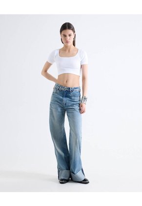 Top Tejido Escote Cuadrado Manga Corta Para Mujer Blanco Seven Seven