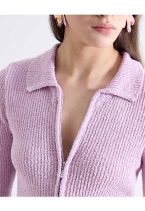 Cardigan Bouclé Cuello Resort Cremallera Para Mujer Rosa Seven Seven