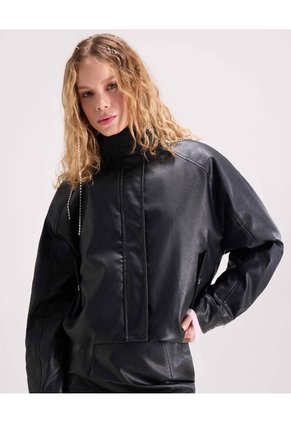 Chaqueta Pu Cuello Alto Para Mujer Negro Seven Seven