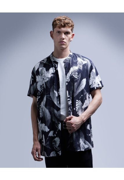 Camisa Cuello Mao Estampada  Para Hombre Negro Seven Seven