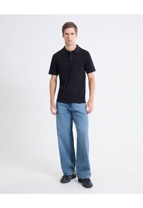 Polo Tejido De Ajuste Cómodo  Para Hombre Negro Seven Seven