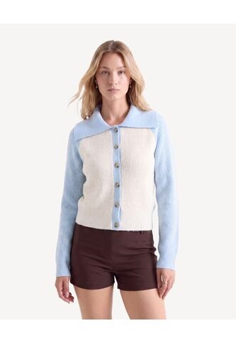 Saco Cardigan Con Contrastes Tejidos  Para Mujer Arena Seven Seven Seven Seven