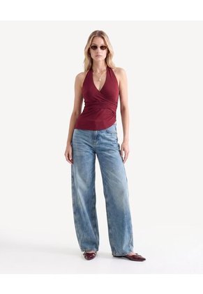 Camiseta Halter Cruzada Con Anudado  Para Mujer Vino Seven Seven