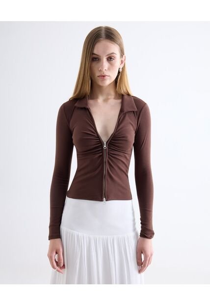 Camiseta  Para Mujer Manga Larga Cuello V Color Café Marca Seven Seven #28096509