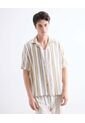 Camisa Oversize Resort A Rayas  Para Hombre Beige Seven Seven de Seven Seven