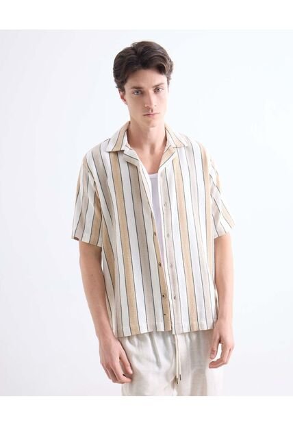 Camisa Oversize Resort A Rayas  Para Hombre Beige Seven Seven