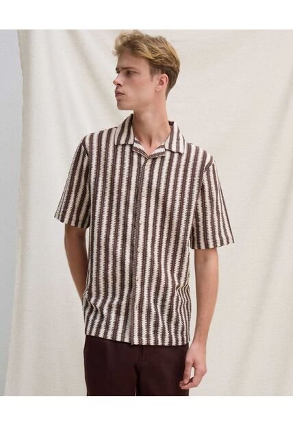 Camisa Resort Rayas Neutras  Para Hombre Café Seven Seven
