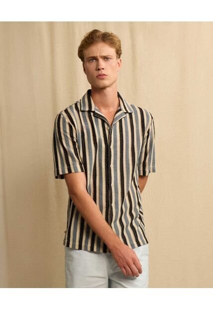 Camisa Resort Rayas Neutras  Para Hombre Azul Seven Seven