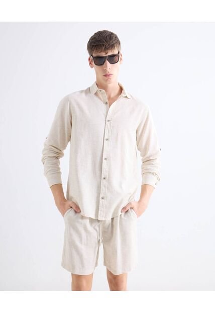 Camisa  Para Hombre Manga Larga Sin Bolsillo Cuello Casual M Color Crudo Marca Seven Seven #45012205