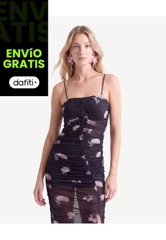 Vestido Mesh Con Recogidos  Para Mujer Negro Seven Seven Seven Seven
