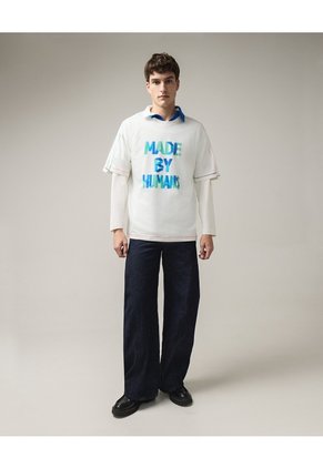 Camiseta Gráfica Con Capas Para Hombre Crema Seven Seven