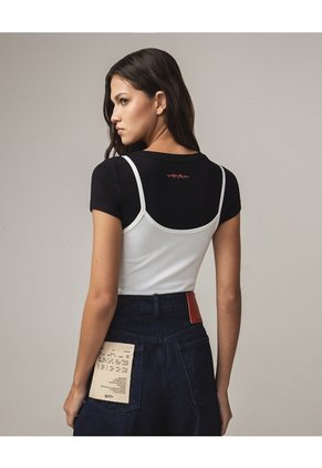 Camiseta Ajustada Cuello Amplio  Para Mujer Negro Seven Seven