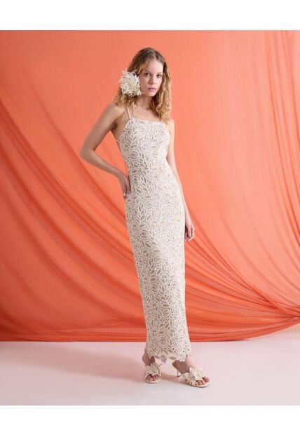 Vestido Largo Con Encaje  Para Mujer Beige Seven Seven